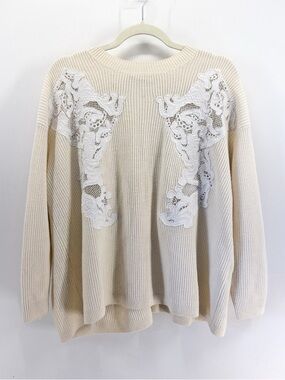 Sandro Paris Cream Rib Knit Wool Blend Sweater Lace Eyelet Panels Open Back S